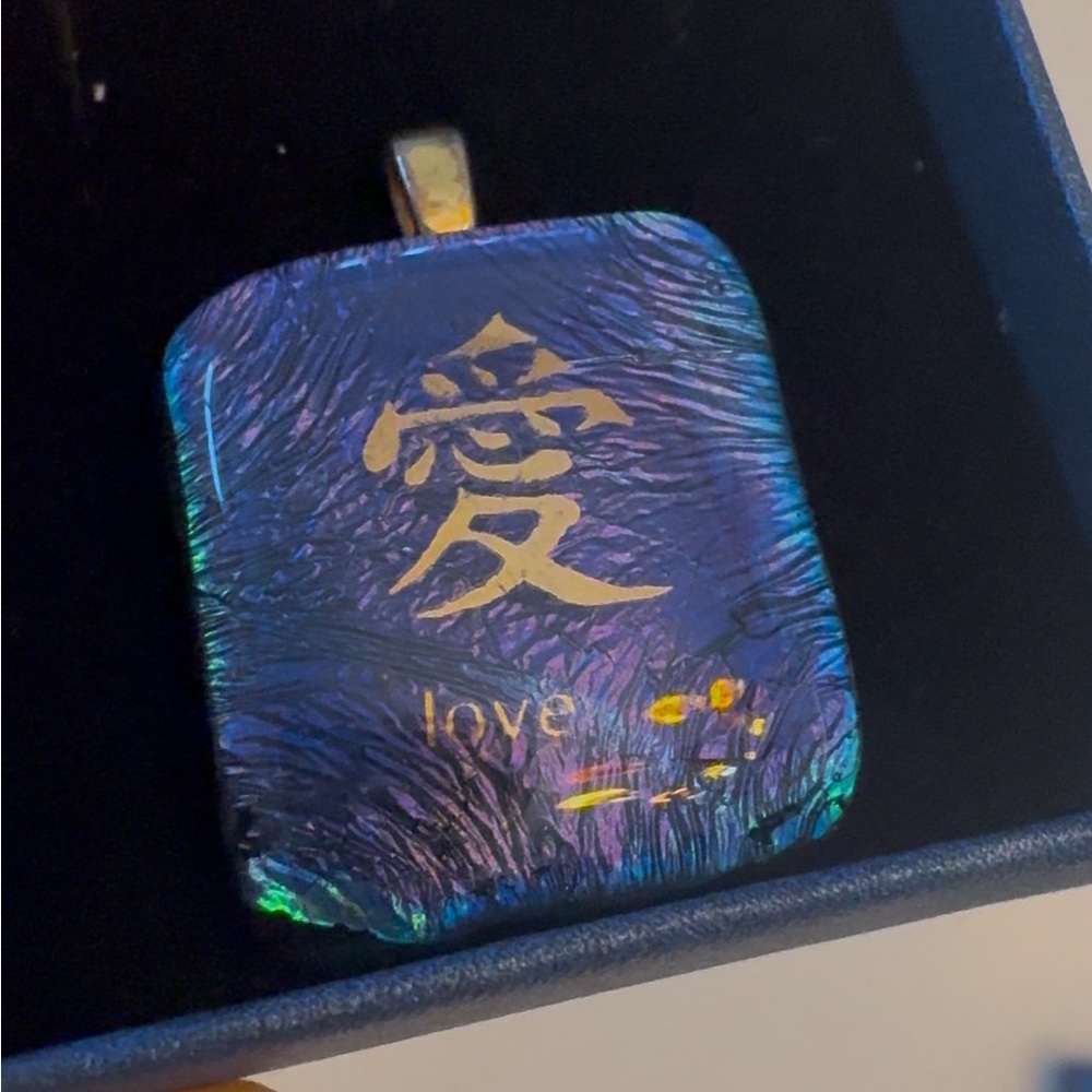 Brilliant blue glass fused square pendant with Kanji symbol for love in gold